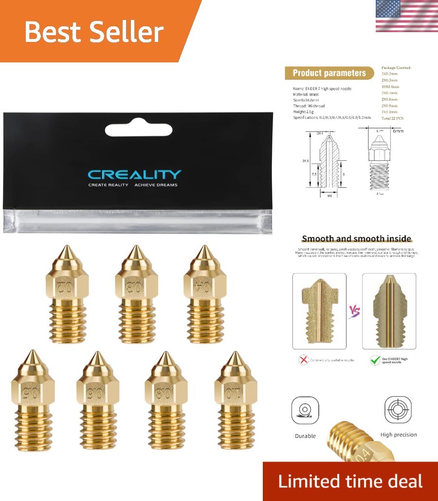 22PCS 3D Printer Brass Nozzles Set (0.2mm-1.0mm) for Ender 3, 5 S1, and Spider