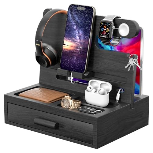  Nightstand Organizer for Men,Phone Docking Station with Cable Black