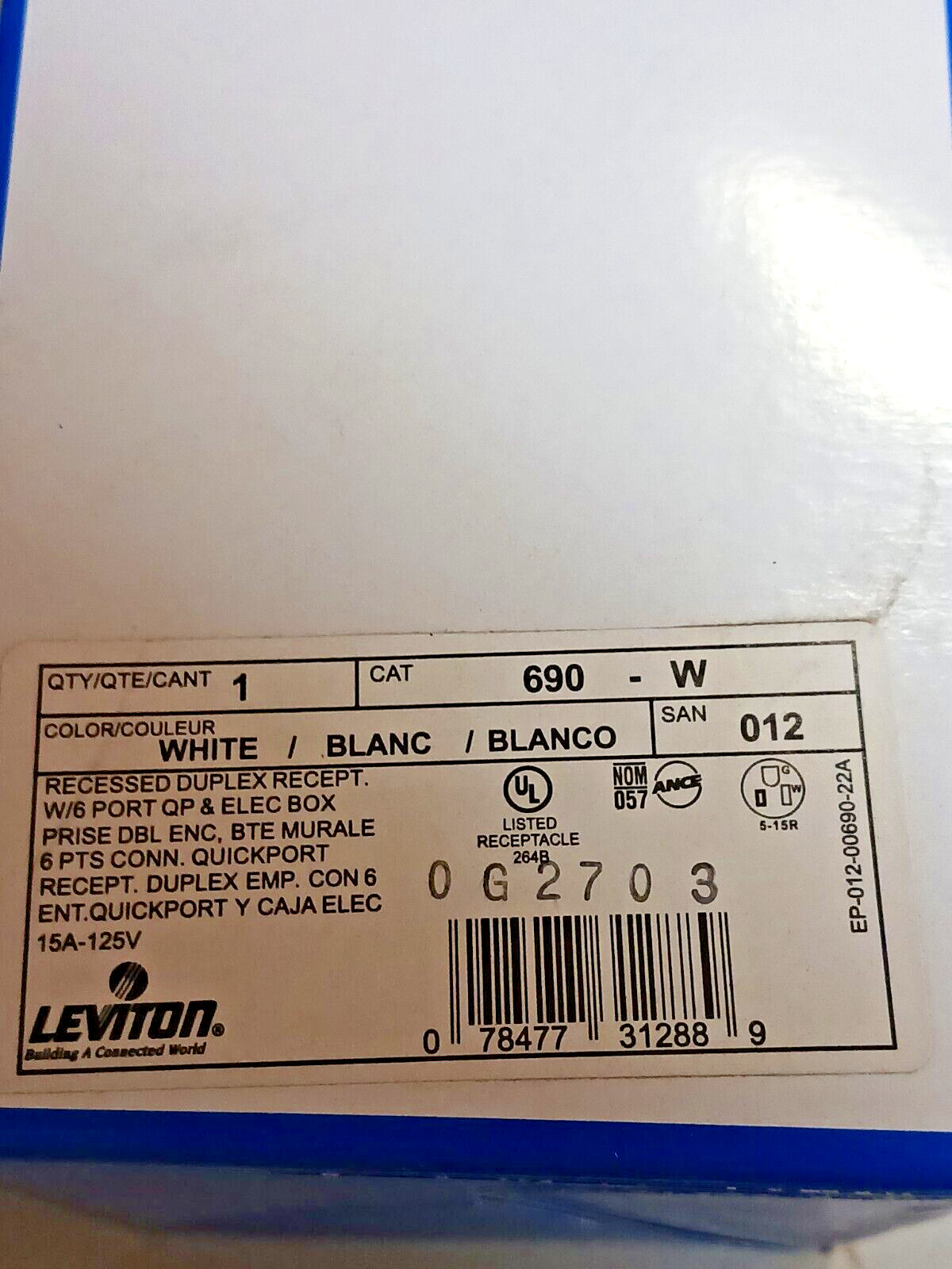 LEVITON 690-W, 2-GANG RECESSED DUPLEX RCPT & 6 QUICKPORTS