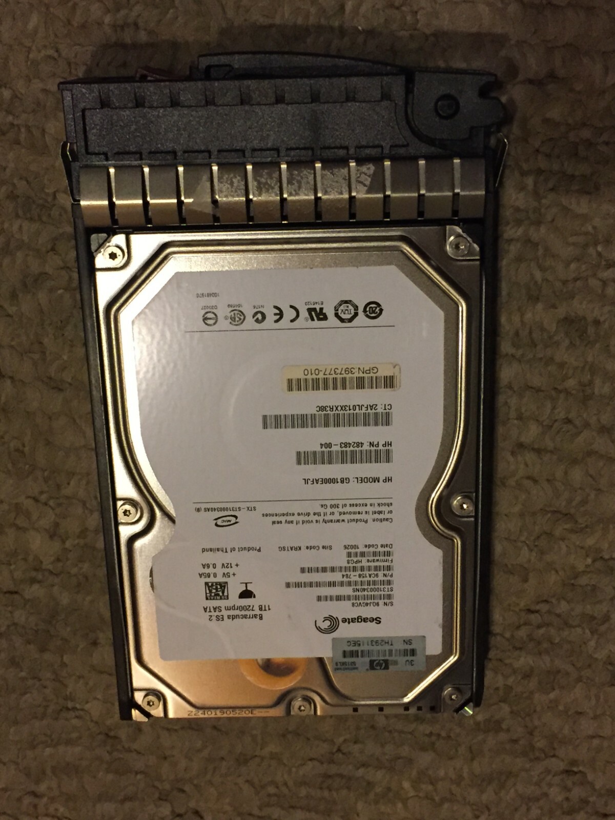 HP 1TB 3G SATA 7.2K RPM 3.5" MDL Hard Drive with tray, GB1000EAFJL  482483-004