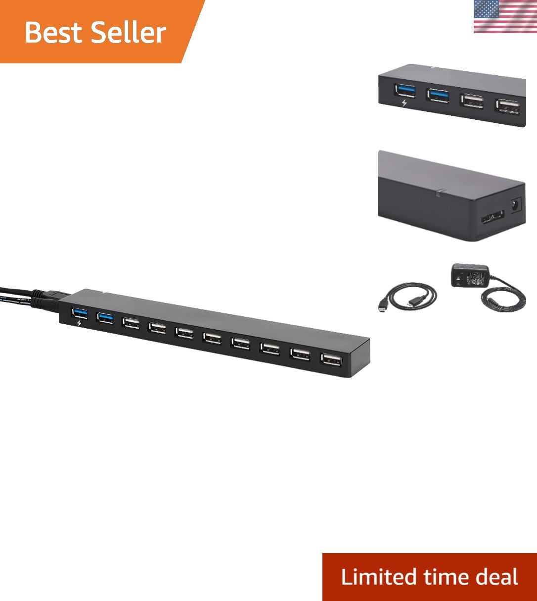 10-Port USB Hub - Achieve 5Gbps Transfer Speeds with Slim & Portable Design