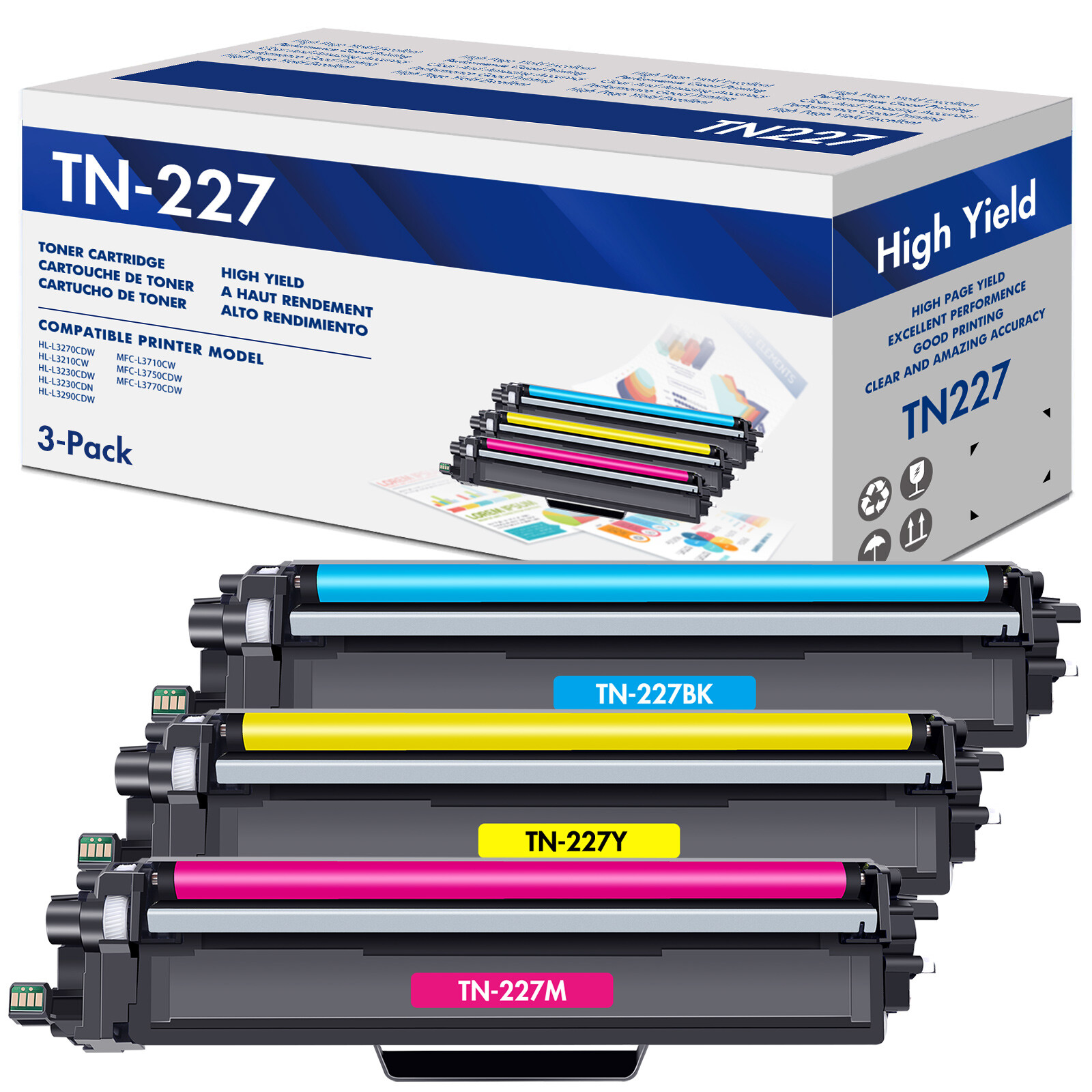 3PK TN227 Toner W/Chip Compatible with Brother CYAN MAGENTA YELLOW MFCL3710CW