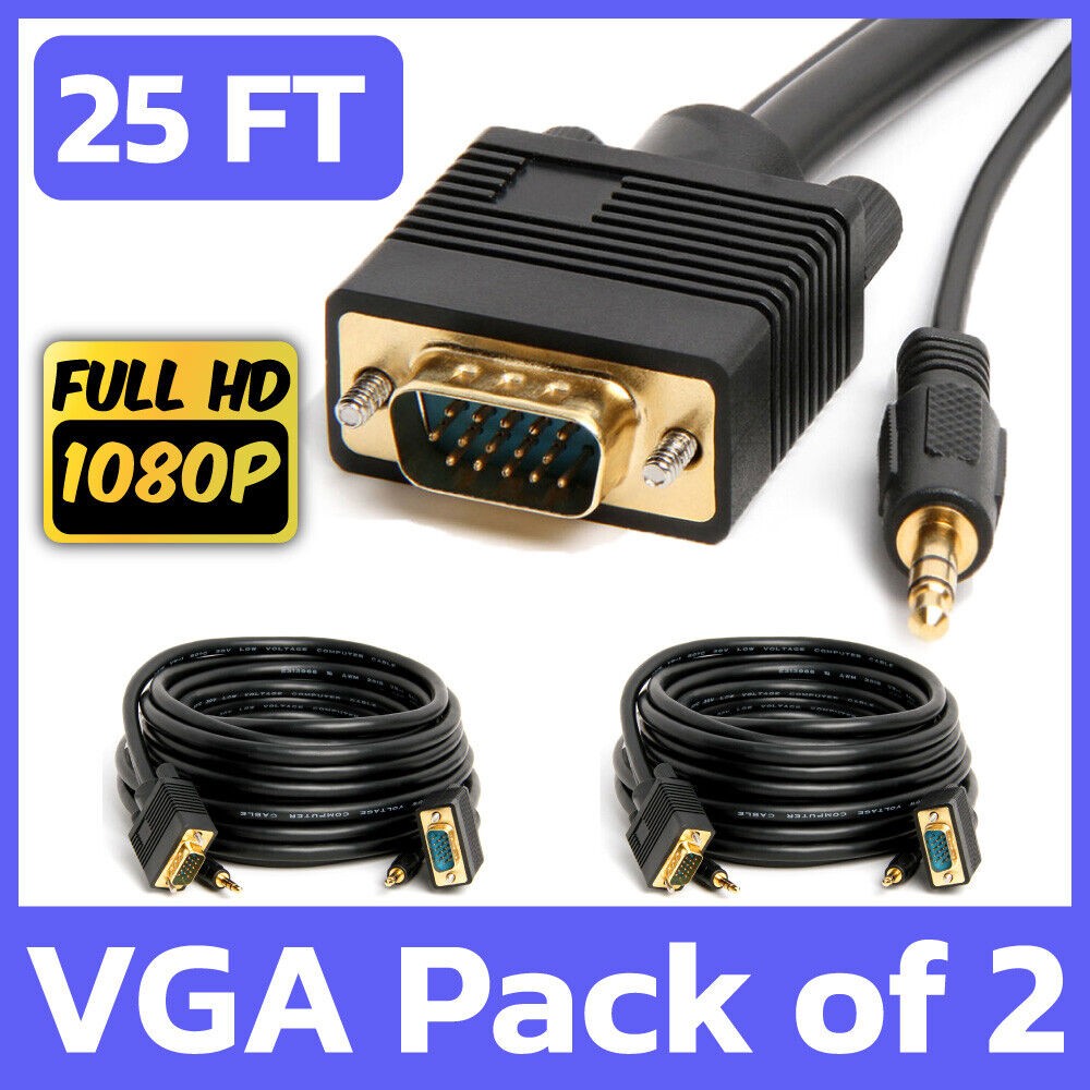 2 Pack VGA + 3.5mm Monitor Cable 25 Feet SVGA Video with AUX Stereo Audio Cord