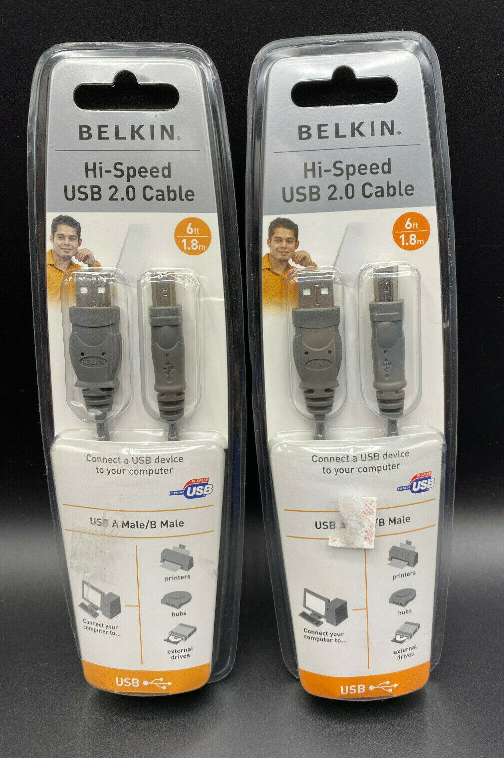 2 Genuine Belkin Hi-Speed USB 2.0 Cables 6ft 1.8m  USB A Male/B Male NISP
