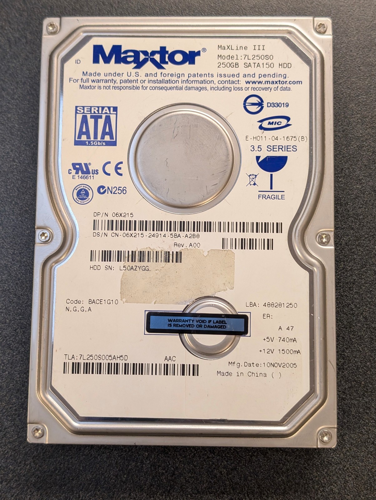 Maxtor MaXLine III 250GB 7L250S0 Dell 6X215 BACE1G10 Internal SATA/150 HDD