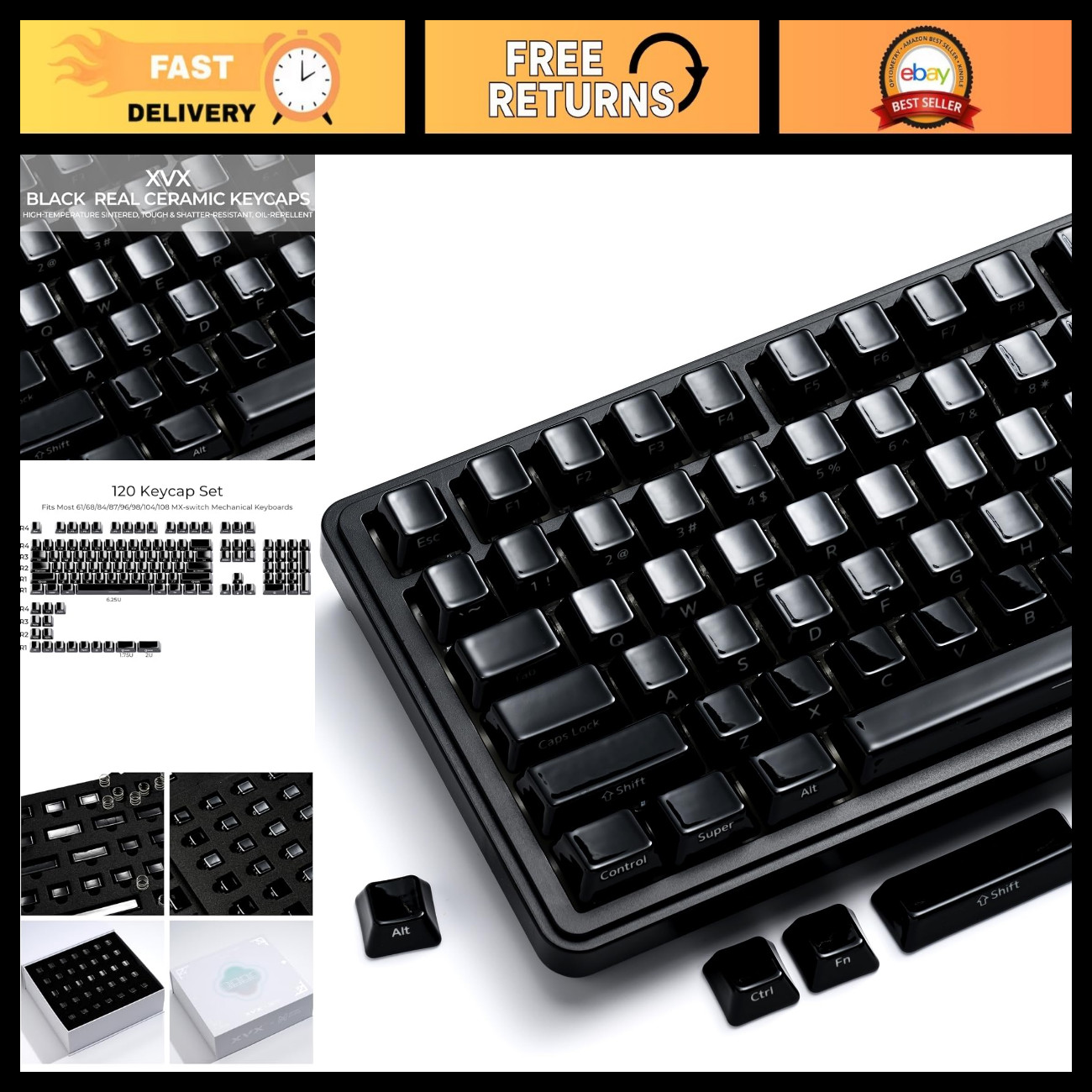 120 Keys Black Ceramic Keycaps Set - Shine Through, Cherry Profile for MX Switch