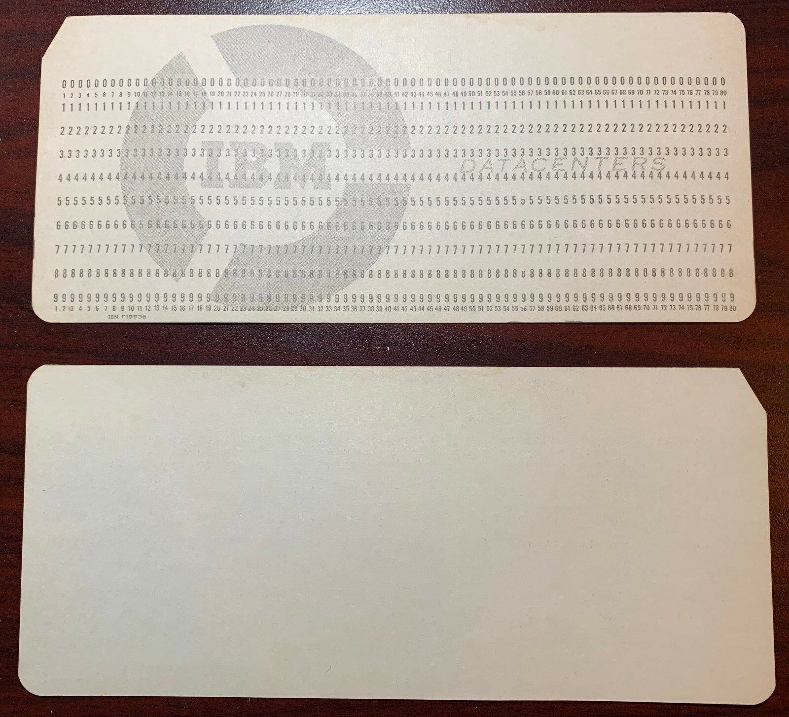 RARE Two IBM computer punch cards F19936 w/ the IBM Datacenter logo UnPunched