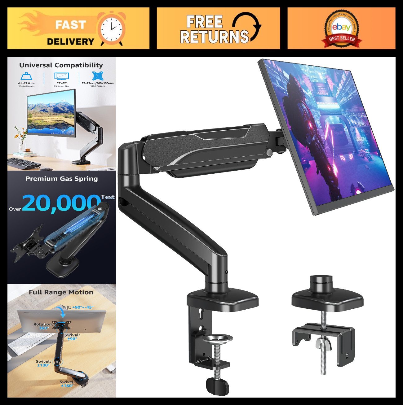 Height Adjustable Single Monitor Desk Mount - Full Motion Arm for 32" Screens, V