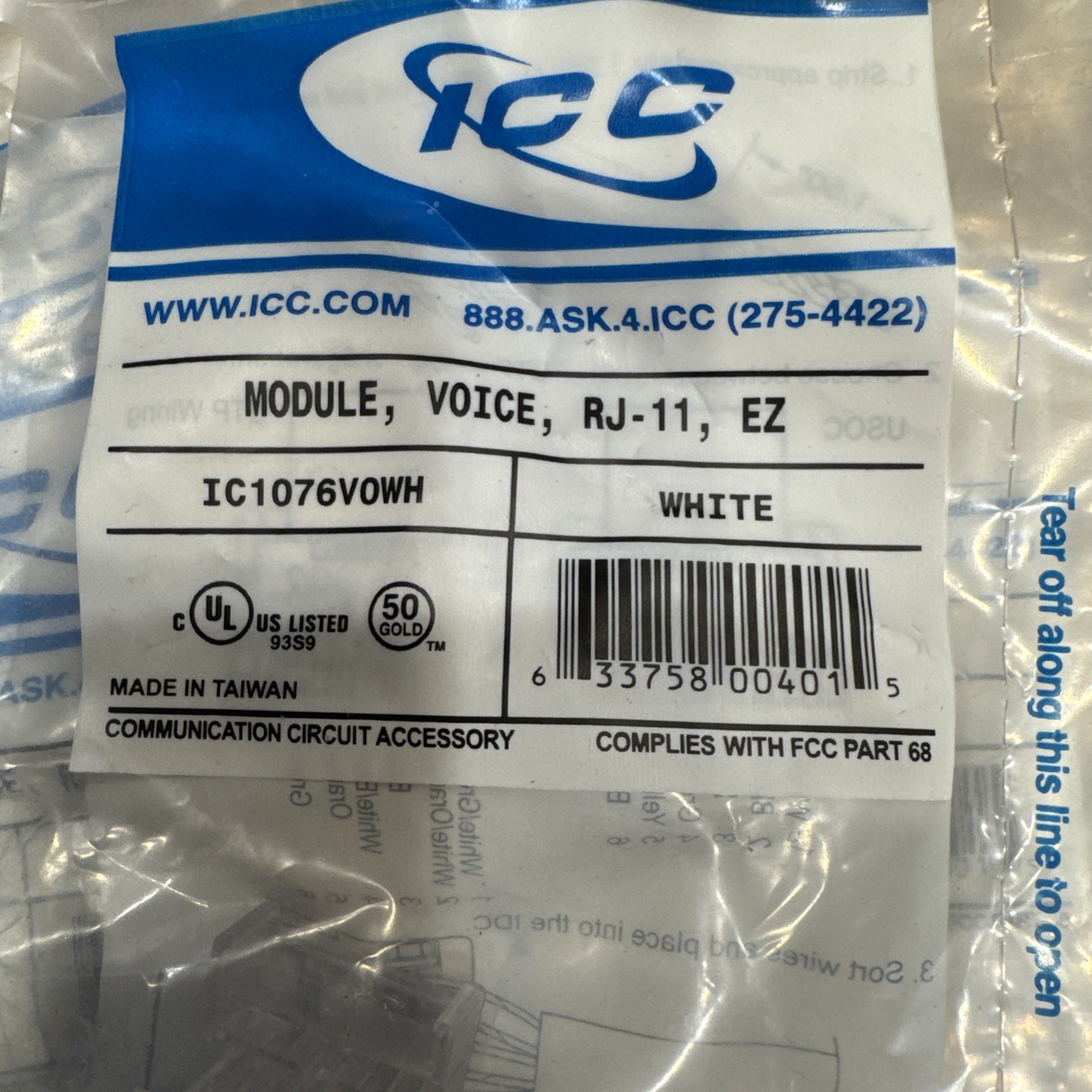 ICC Lot of 7. ICC RJ-11 EZ IC1076VOWH White Modular Connector Voice