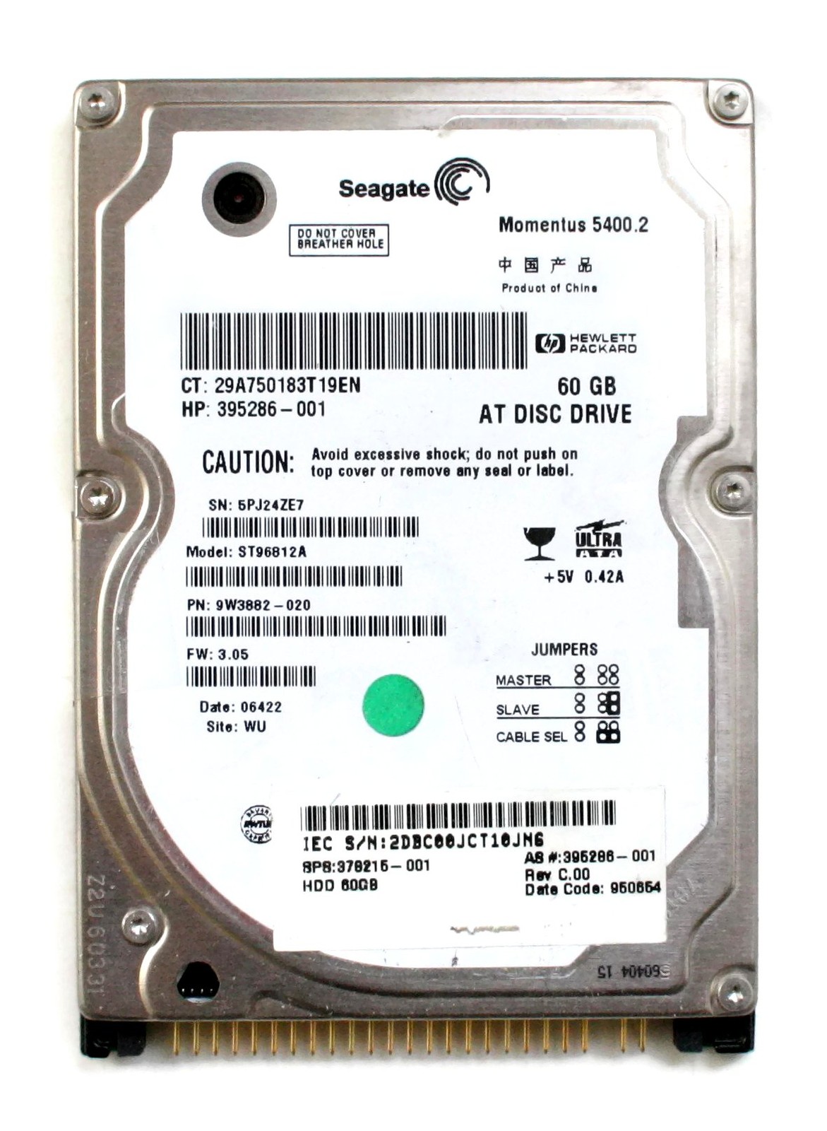 60gb 5400rpm sata laptop hdd, seagate st96812as, 9w3182-032 fw: 8.04, cn-0kx791