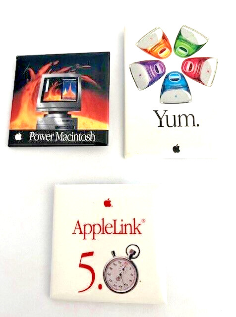  Iconic Apple Macintosh Promo Pins-Yum AppleLink & PowerMac Vintage Lot of 3