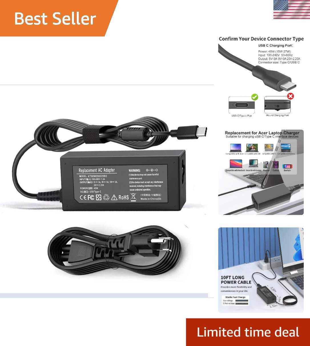 Reliable 45W USB-C Laptop Charger with Short Circuit Protection for Safety