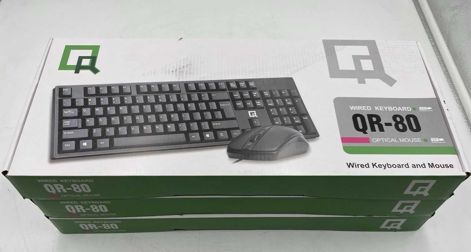 LOT OF 3 QR-80 WIRED KEYBOARD & OPTICAL MOUSE SET - BLACK