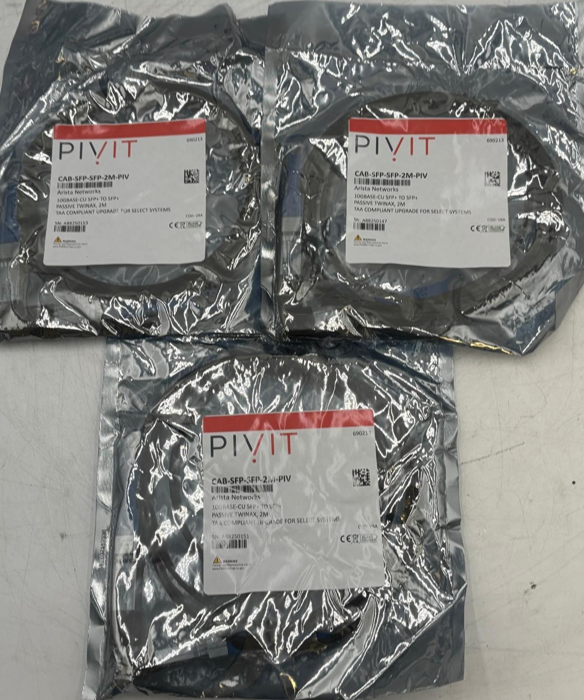 Lot of 3 Pivit (Arista) CAB-SFP-SFP-2M-PIV 10GBASE-CU SFP+ SFP+ 2m Twinax Cable