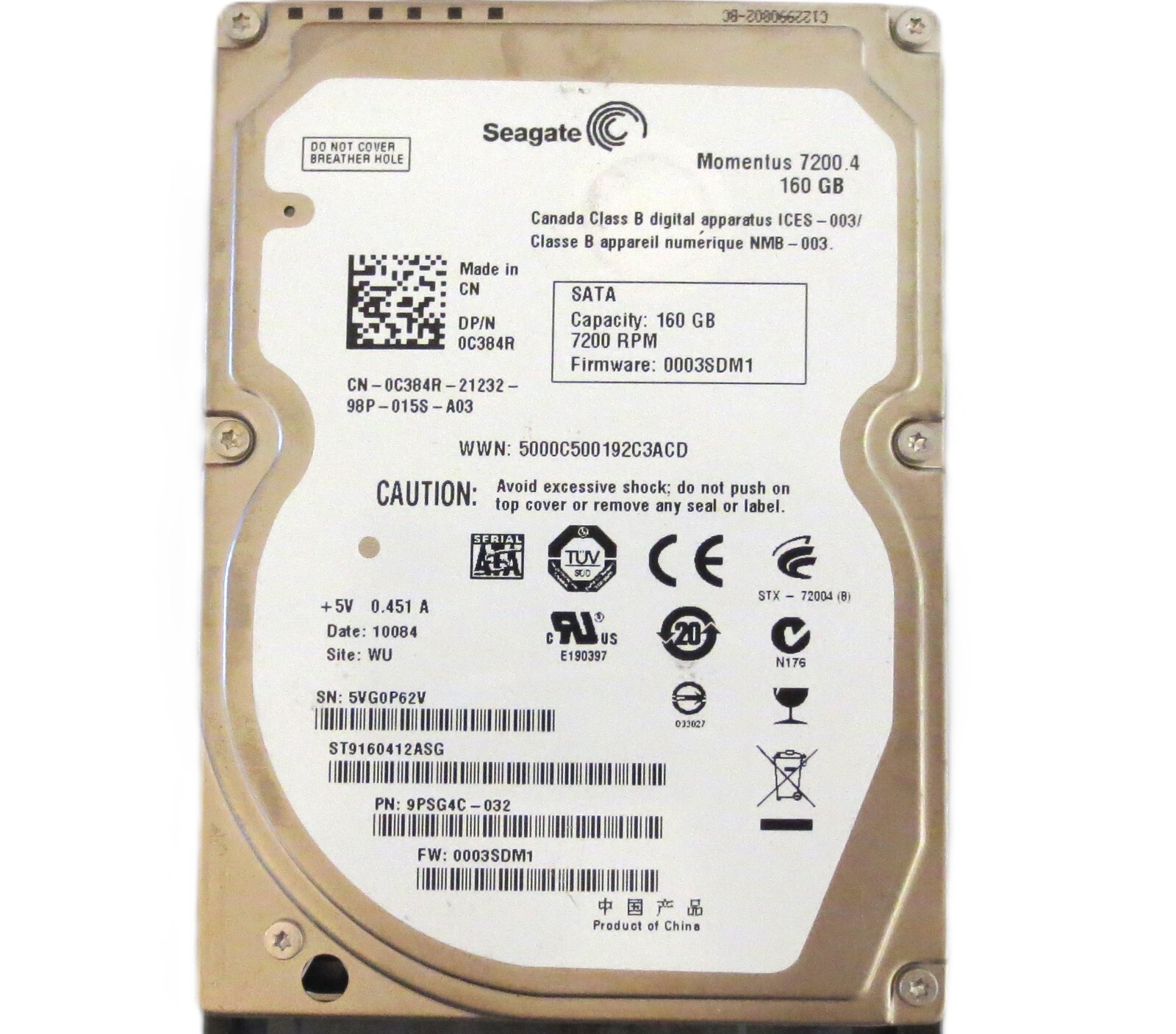 Seagate ST9160412ASG 9PSG4C-032 0003SDM1 WU (5VG) China 160gb Sata HDD 08/2009