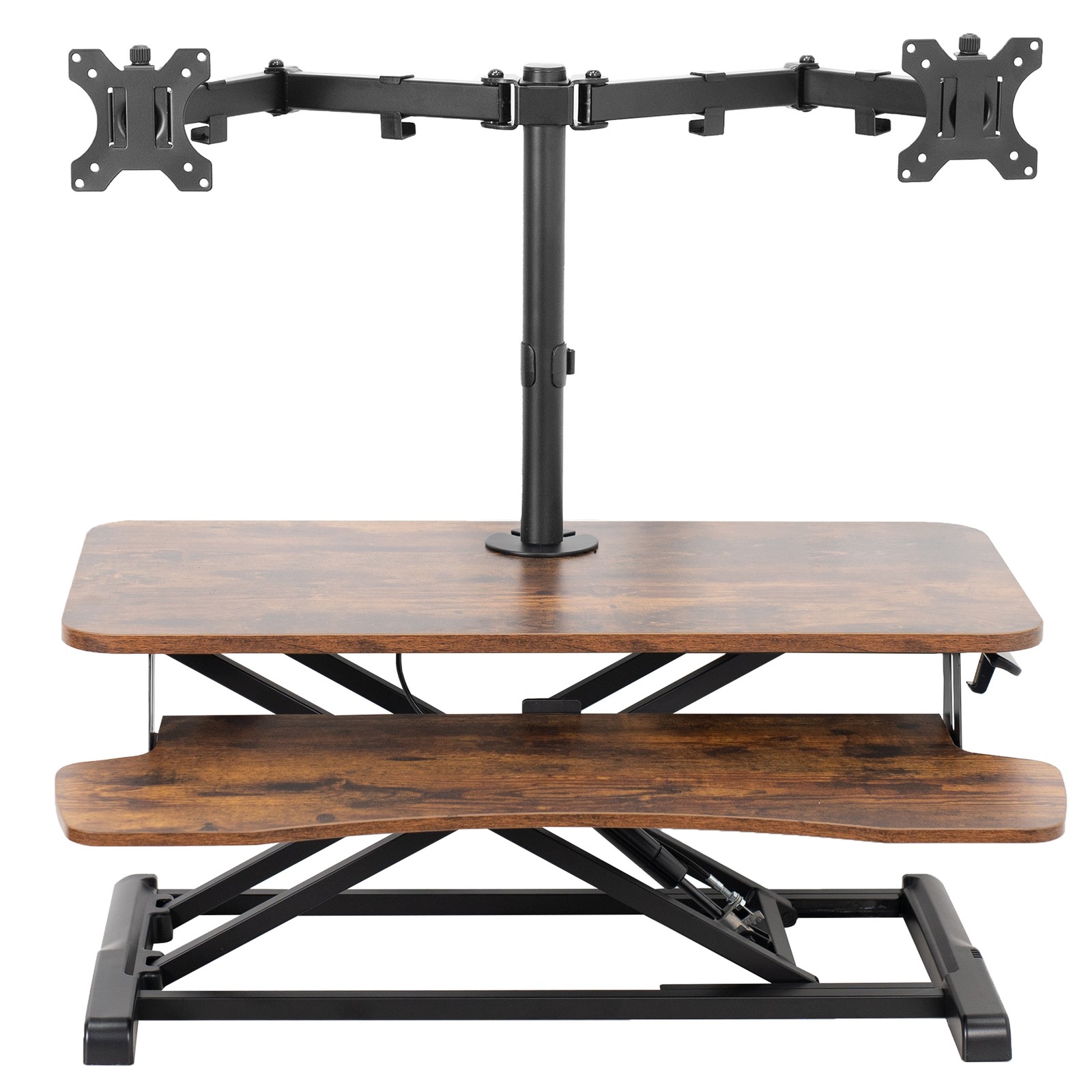 VIVO Vintage Brown/Black 32" Standing Desk Riser with Dual 13"-30" Monitor Mount