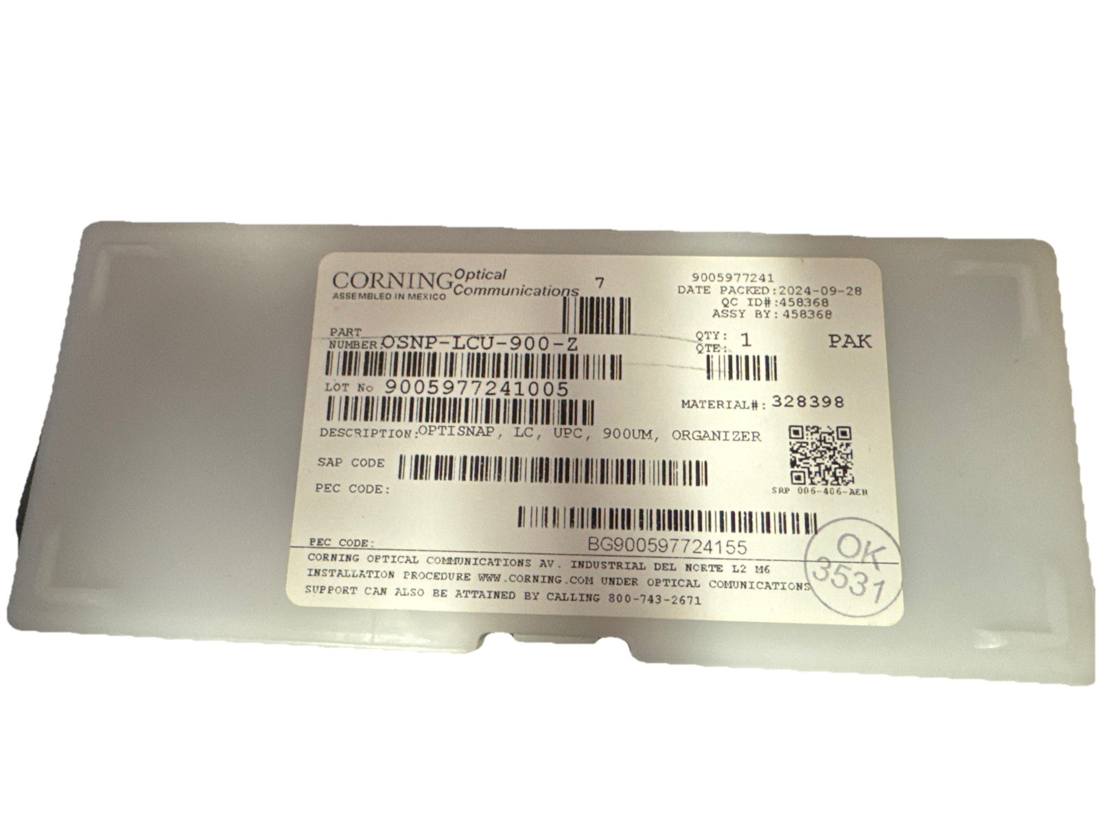 Corning OSNP-LCU-900-Z OptiSnap LC/UPC 900µm Connector