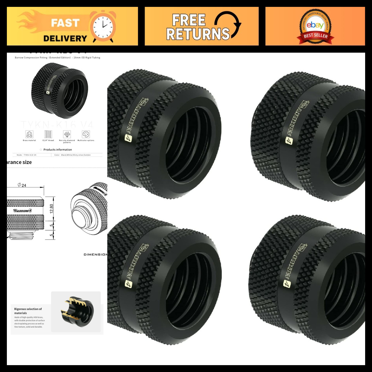 16mm Hard Tubing Compression Fittings, G1/4", Black, 4-Pack for PC Cooling