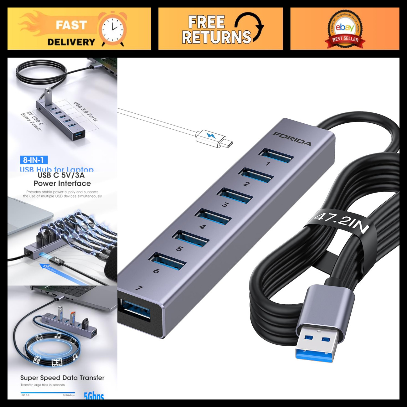 8-Port USB Hub with Long Cable, 7 USB 3.0 Splitter, Aluminum Design, Fast Data T