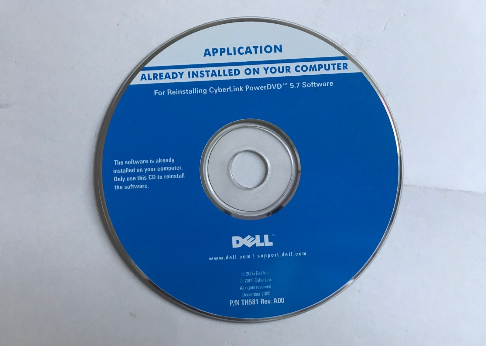 Dell CyberLink PowerDVD 5.7 Reinstallation Software Disc P/N: TH581