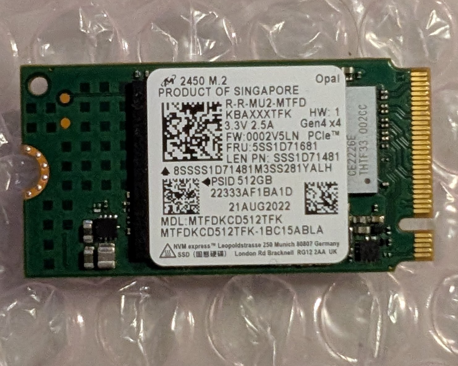 Micron 2450 512GB M.2 2242 NVMe Gen4 SSD MTFDKCD512TFK 95% Health