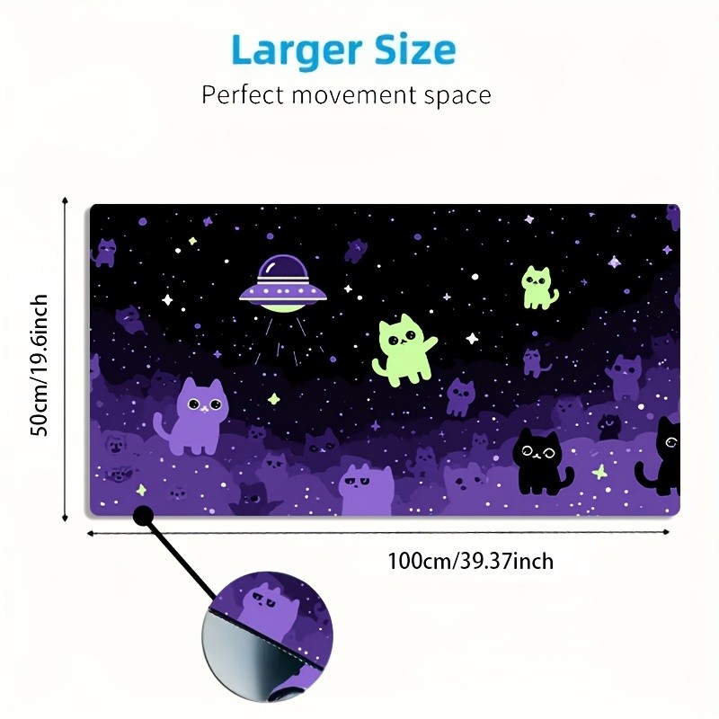 1 Large Gaming Mouse Pad with Purple-Black Fluorescent Cat Swarm and UFO Float