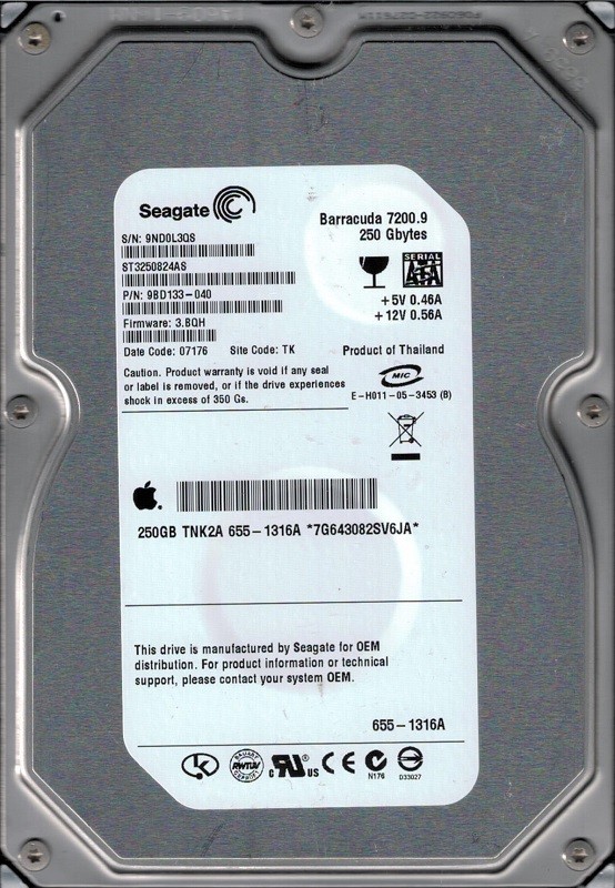 Seagate ST3250824AS P/N: 9BD133-040 F/W: 3.BQH MAC 655-1316A 250GB TK 9ND