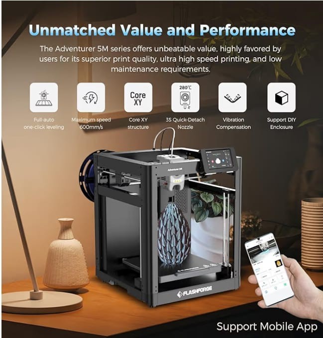 Adventurer 5M 3D Printer Fully Auto Leveling Max 600mm/s High Speed WeShipOverse