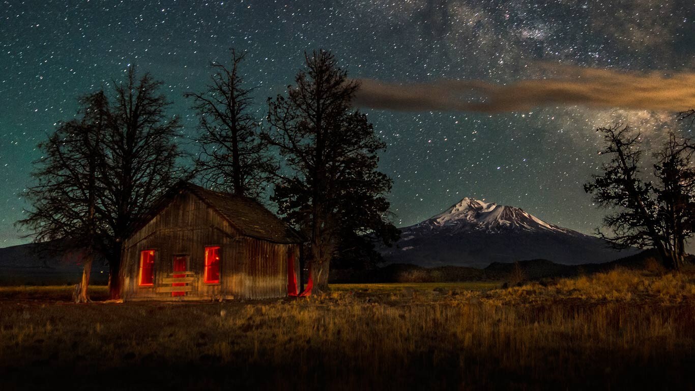 Landscape nature starry night cabin mountains dry grass Custom Gaming Mat Desk