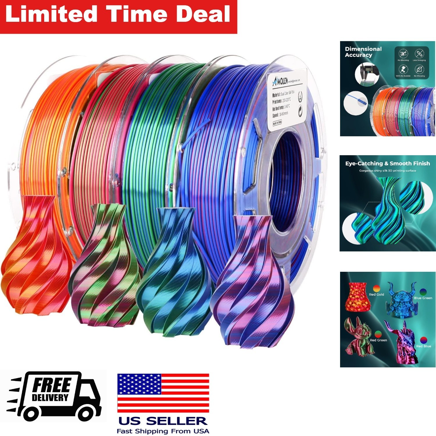 1.75mm Silk PLA 3D Printer Filament Bundle Dual Color 800g Pack 4 Spools