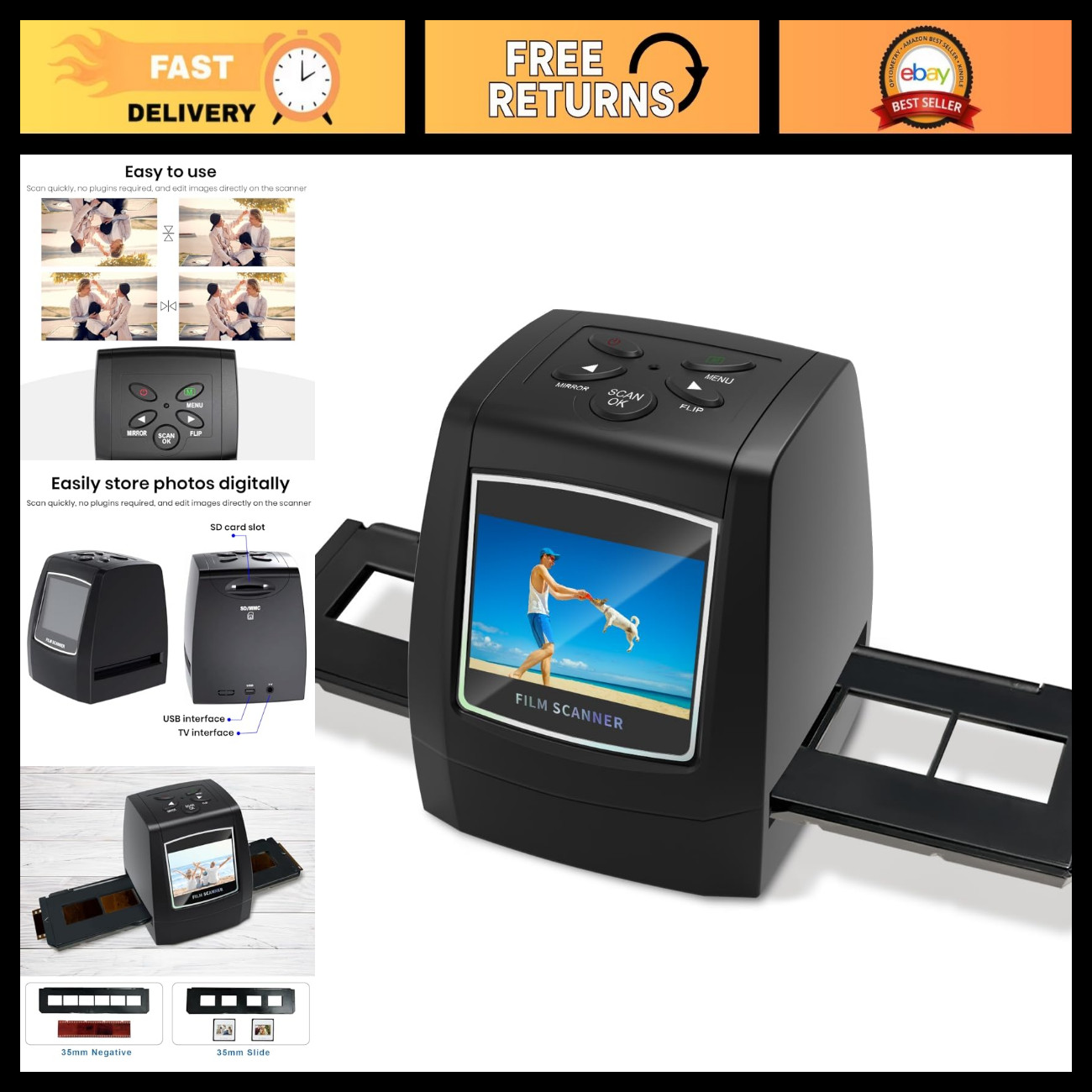 35mm Film & Slide Scanner with 2.4" LCD Screen, High-Resolution Photo Digitizer