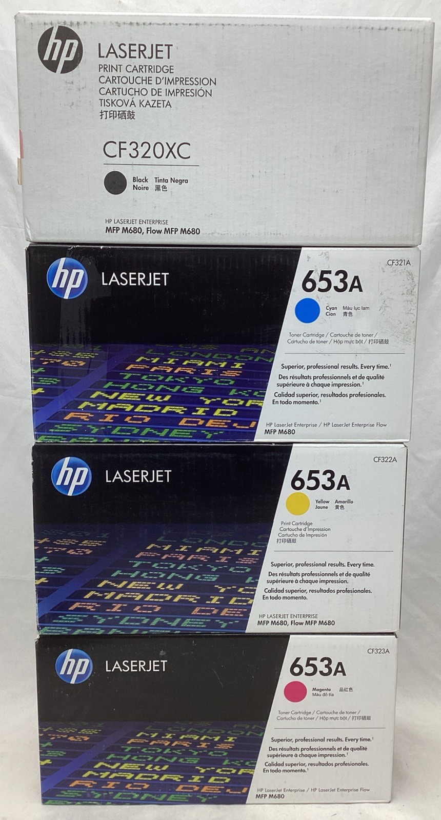 Set Of 4 Genuine HP 653A Toner / Print Cartridges CF320X CF321A CF322A CF323A 
