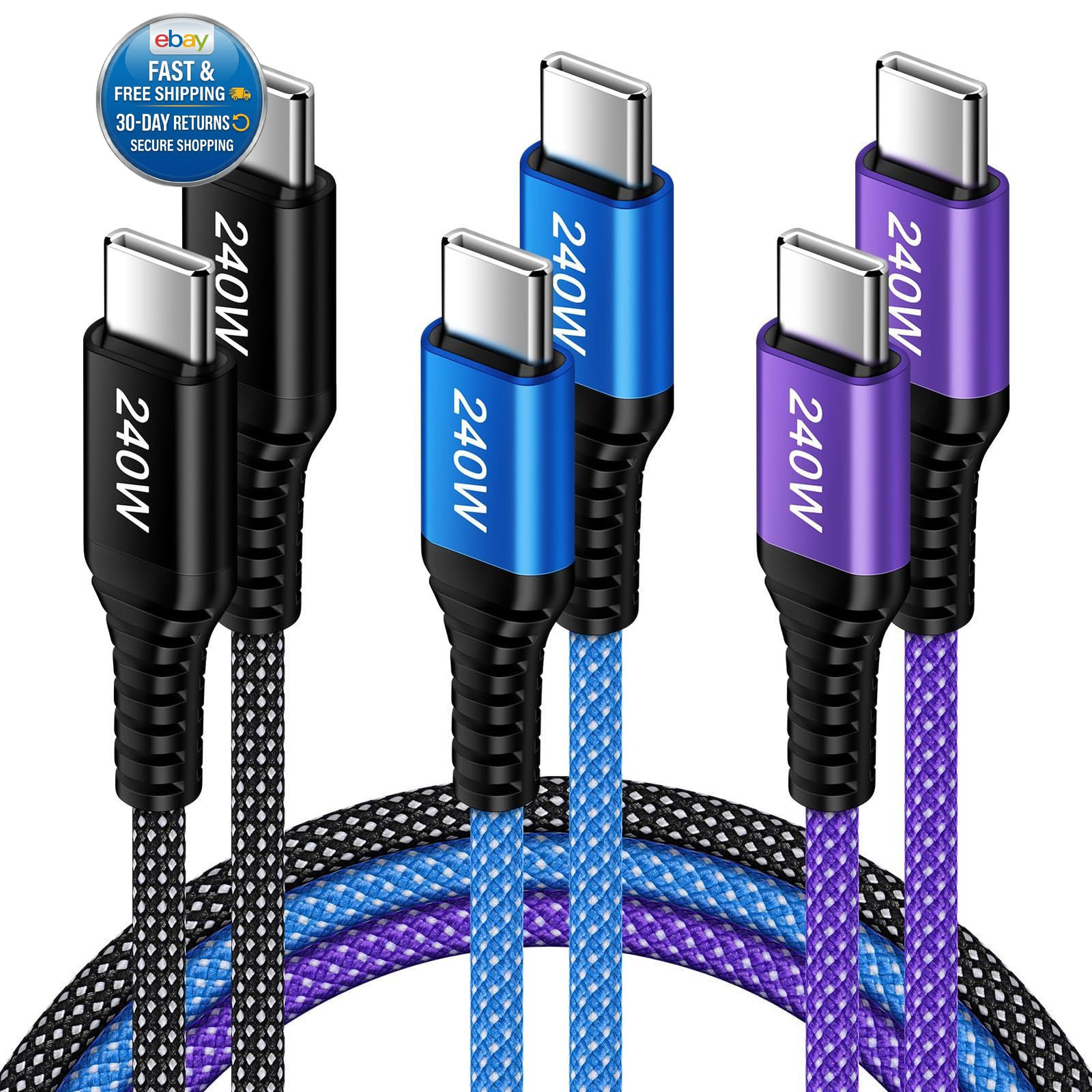 USB C to C Cable, [3-Pack, 10FT] 240W Fast 10FT, Black, Blue, Purple