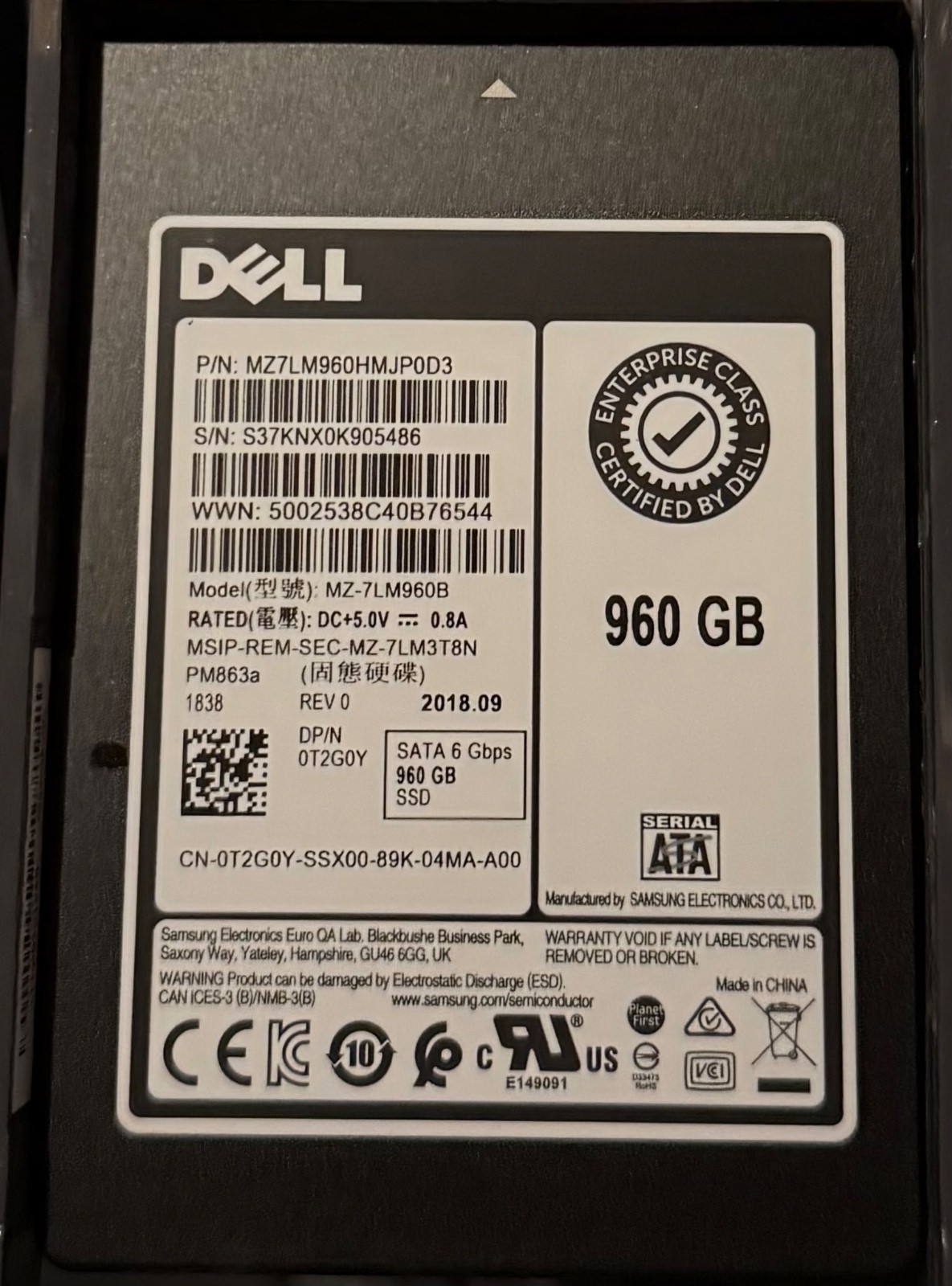 Dell/Samsung MZ7KM960HMJP0D3 960GB SATA III 6Gbps SSD Solid State Drive