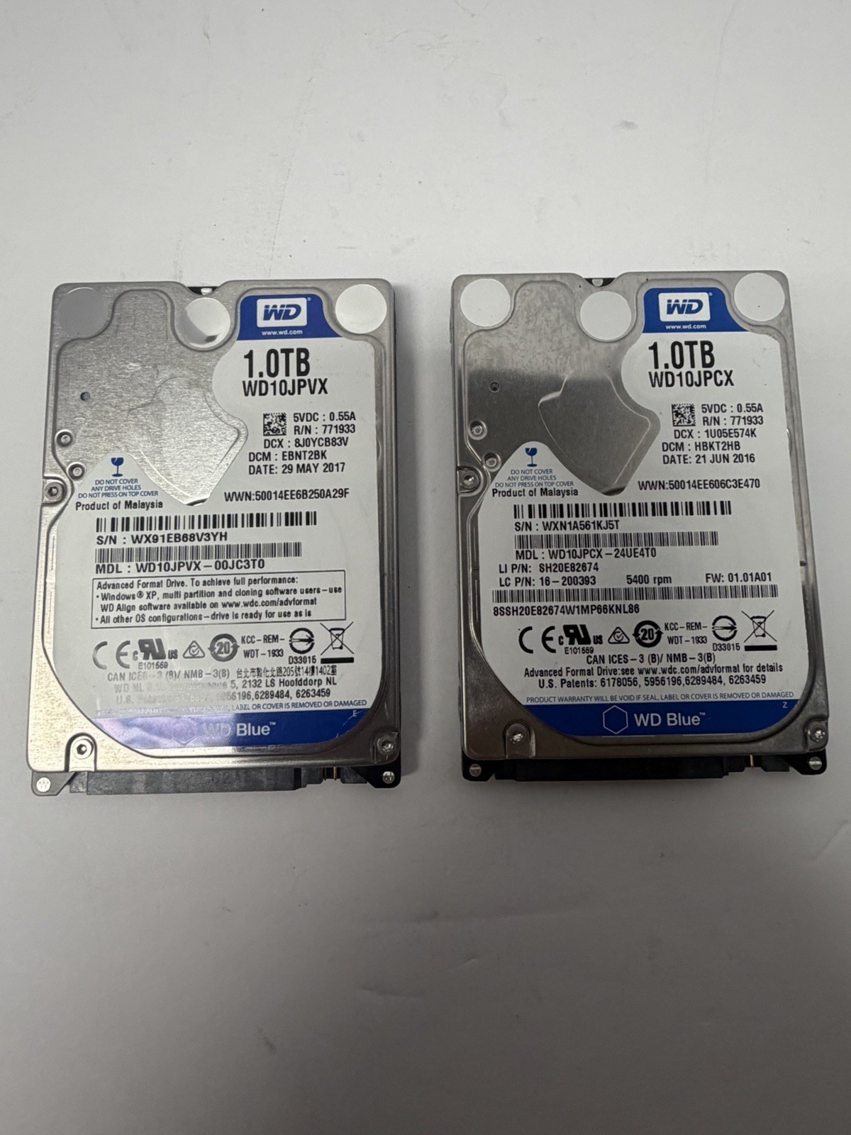 Lot Of 2 Western Digital Blue 1TB 2.5” Sata Hard Drives, Different Models, WORKS