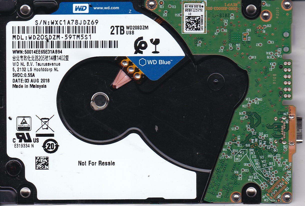  WD20SDZM-59TM5S1 s/n: WXC1A AUG 2018 Malaysia  2TB 2.5" USB-C WESTERN DIGITAL