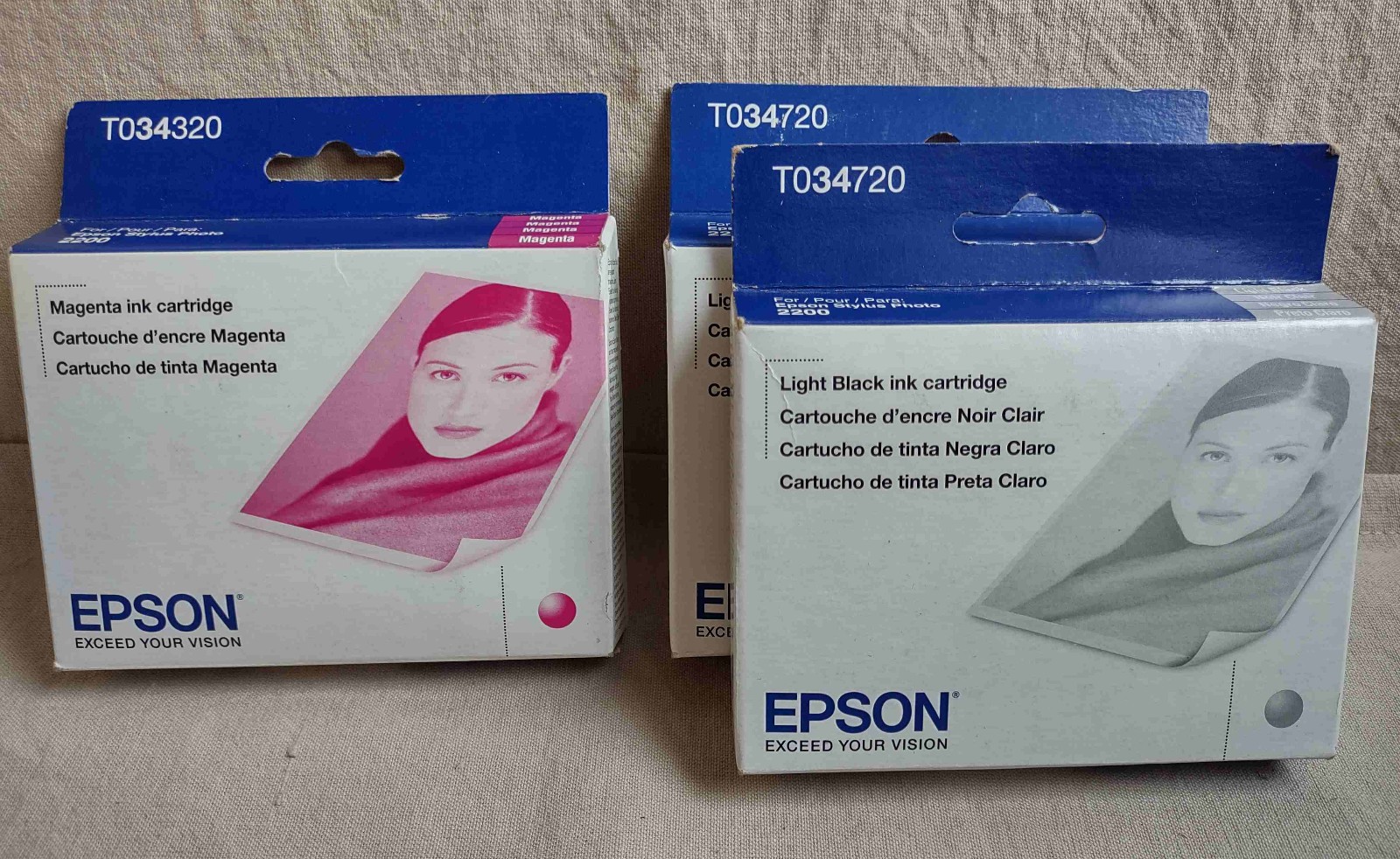 Lot of 3 Genuine EPSON Ink T034320 Magenta x1 & T034720 Lt Black x2, EXP 2019/21
