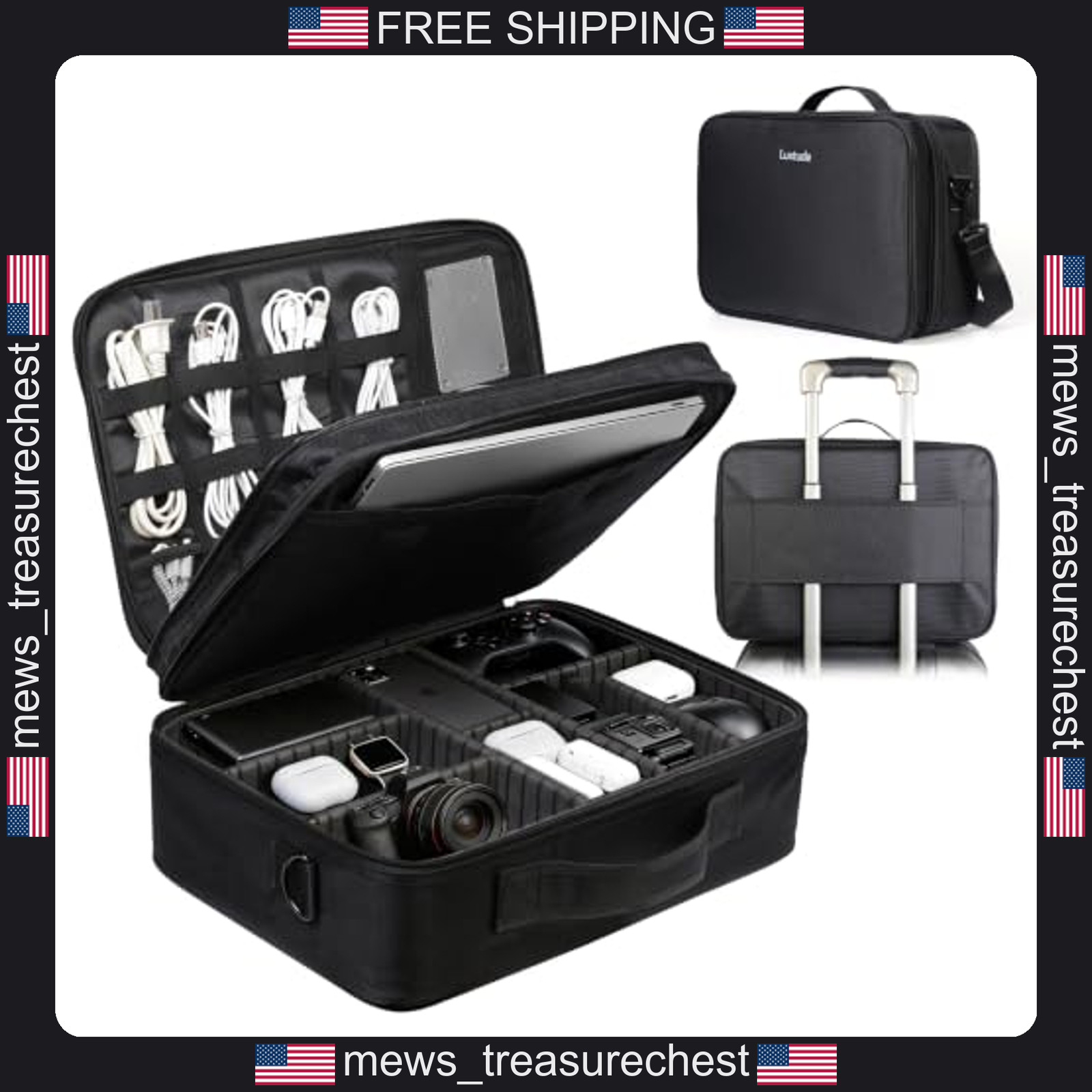 Electronics Travel Organizer Bag 16x12x5.5in with DIY Partitions and Luggage