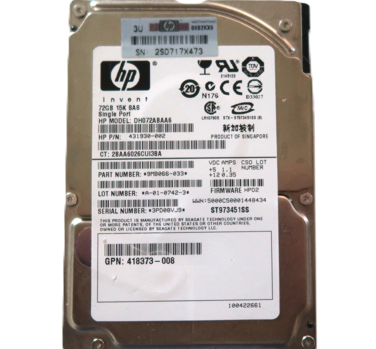 Seagate ST973451SS 9MB066-033 HPD2 DH072ABAA6 431930-002 72gb SAS 2.5" HDD