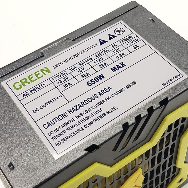New--Green YELLOW 650w-MAX 12cm-Fan ATX Power Supply 20+4pin, SATA & PCIe