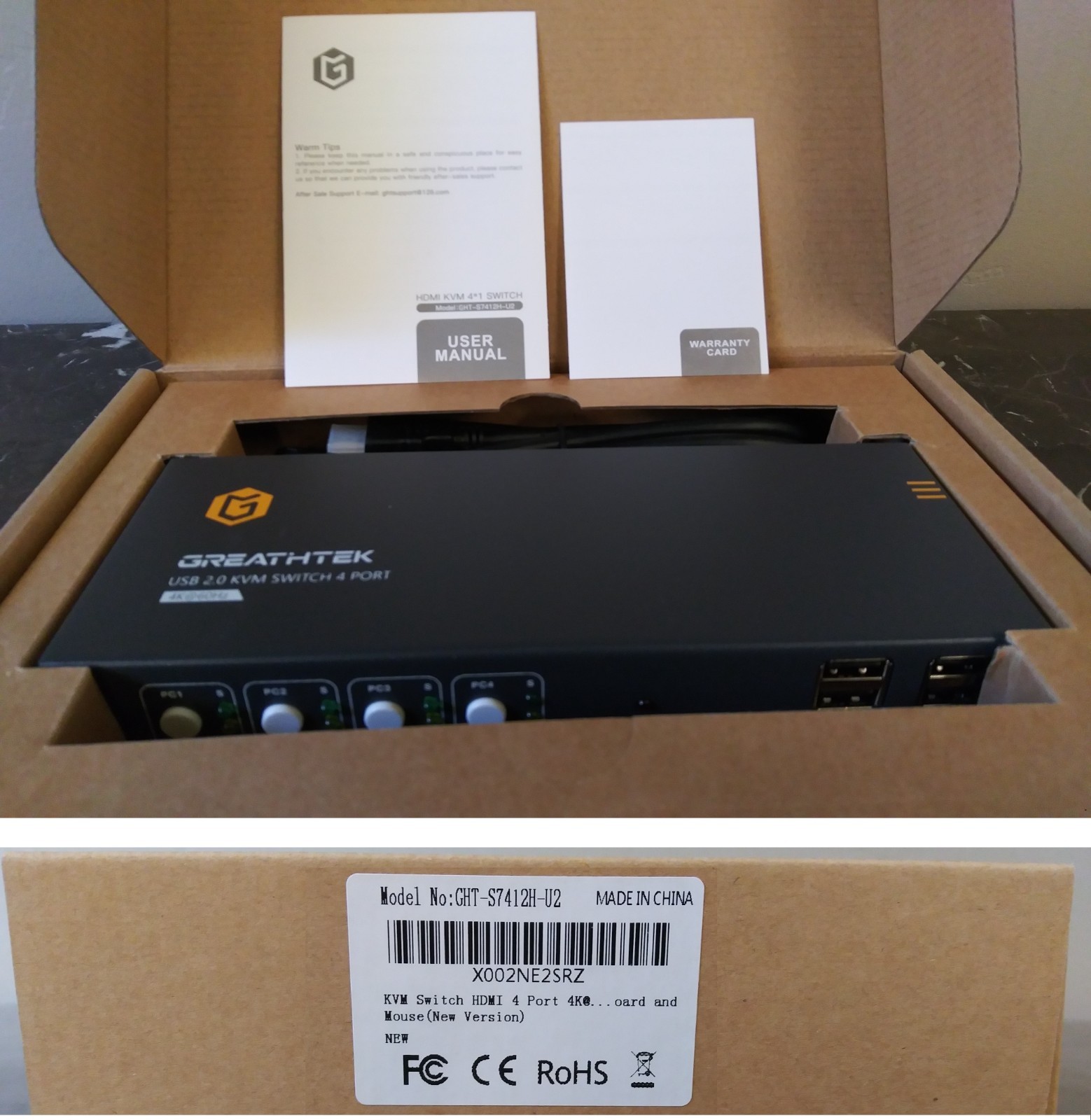GREATHTEK USB 2.0 KVM SWITCH 4 PORT Model GHT-S7412H-U2 - NEW - IN BOX