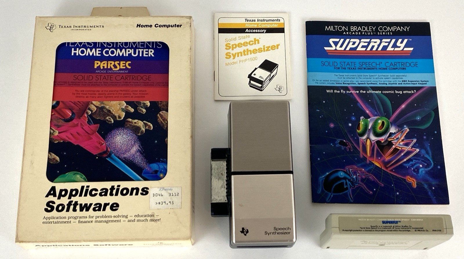 TI-99/4A TI99 Speech Synthesizer PHP1500 + Parsec & Superfly Cartridges Manuals