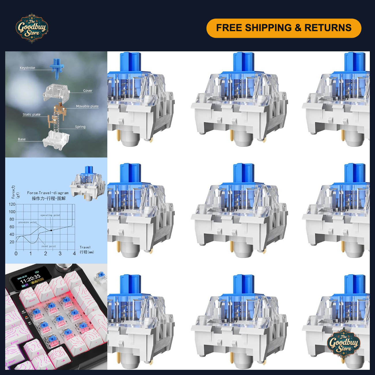108PCS Blue Mechanical Keyboard Switches, 3 Pin Dustproof, Clicky for Gaming & 3