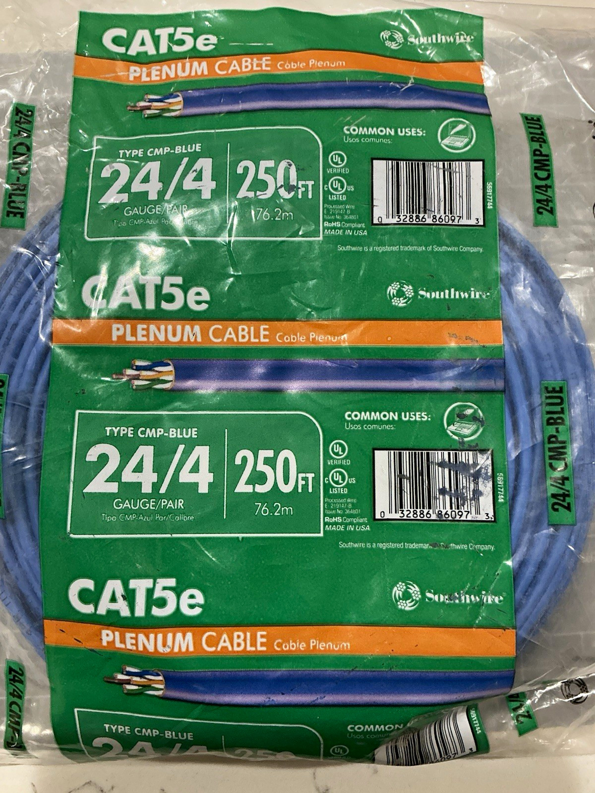 Southwire Cat5e Plenum CMP Cable 24/4 250 ft Blue (CMP-BLUE)