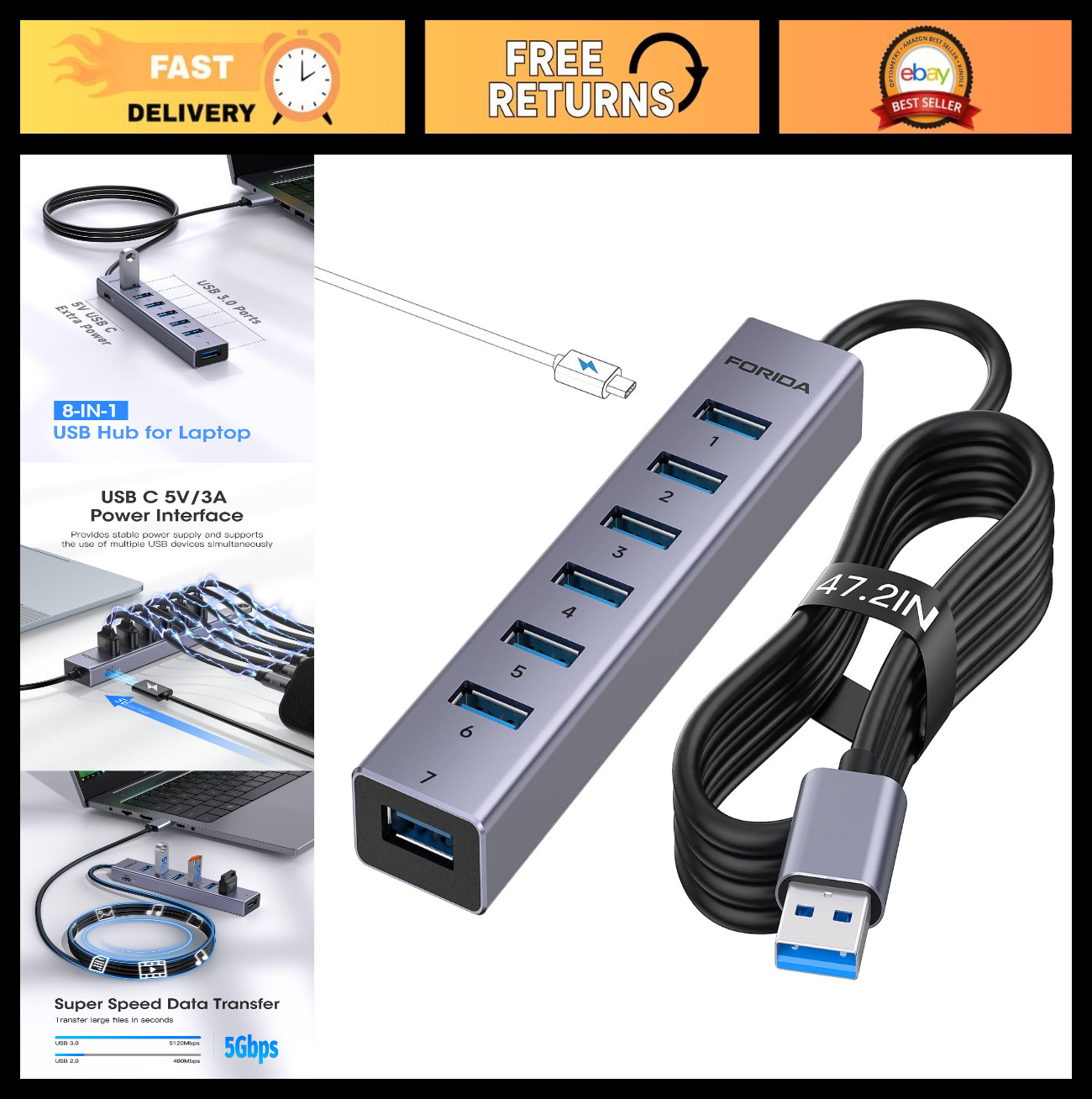 8-Port USB Hub with Long Cable, 7 USB 3.0 Splitter, Aluminum Design, High-Speed