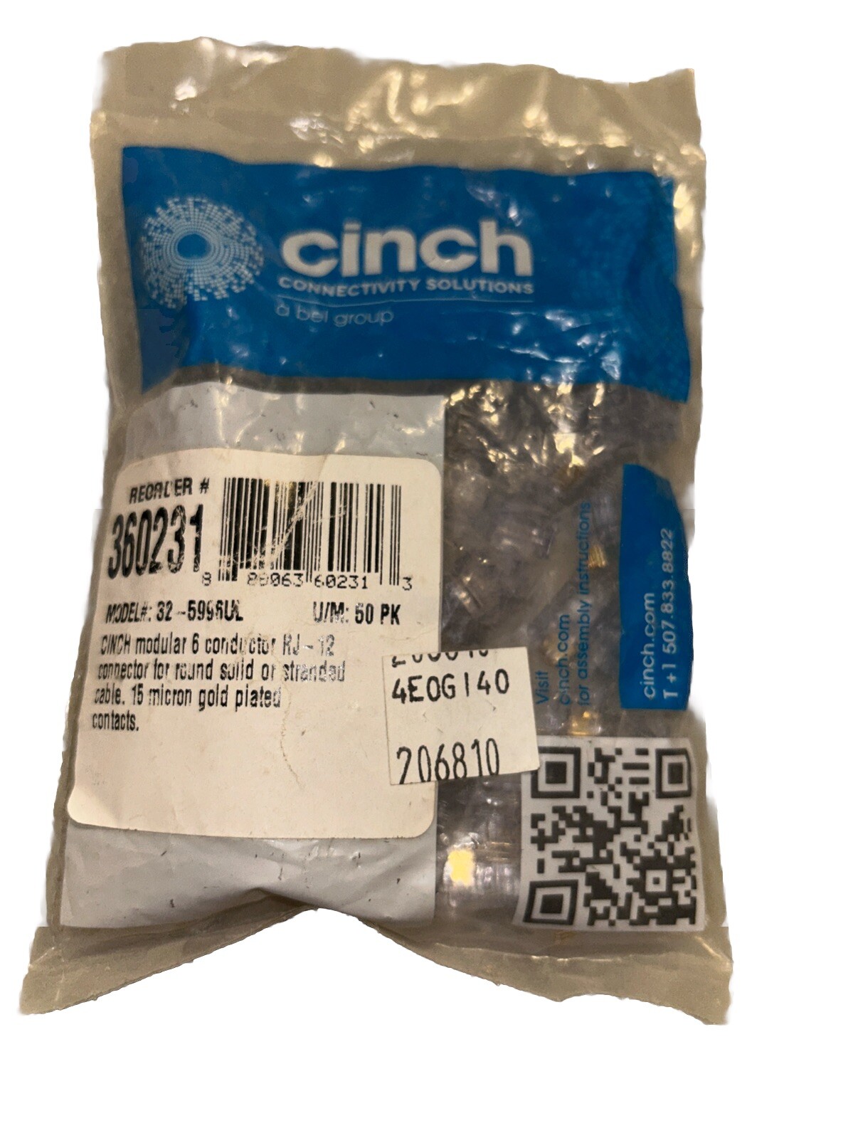 Cinch 32-5996UL Modular 6 Conductor RJ-12 Connector. 50 Pieces. NEW  T1