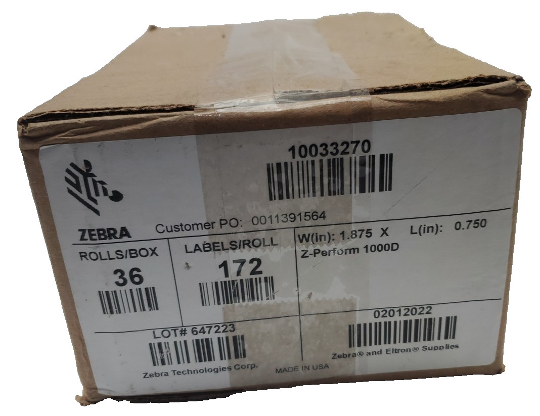 Zebra 36 Rolls 1.875" W x 0.750" L  Z-Perform 1000D, 10033270