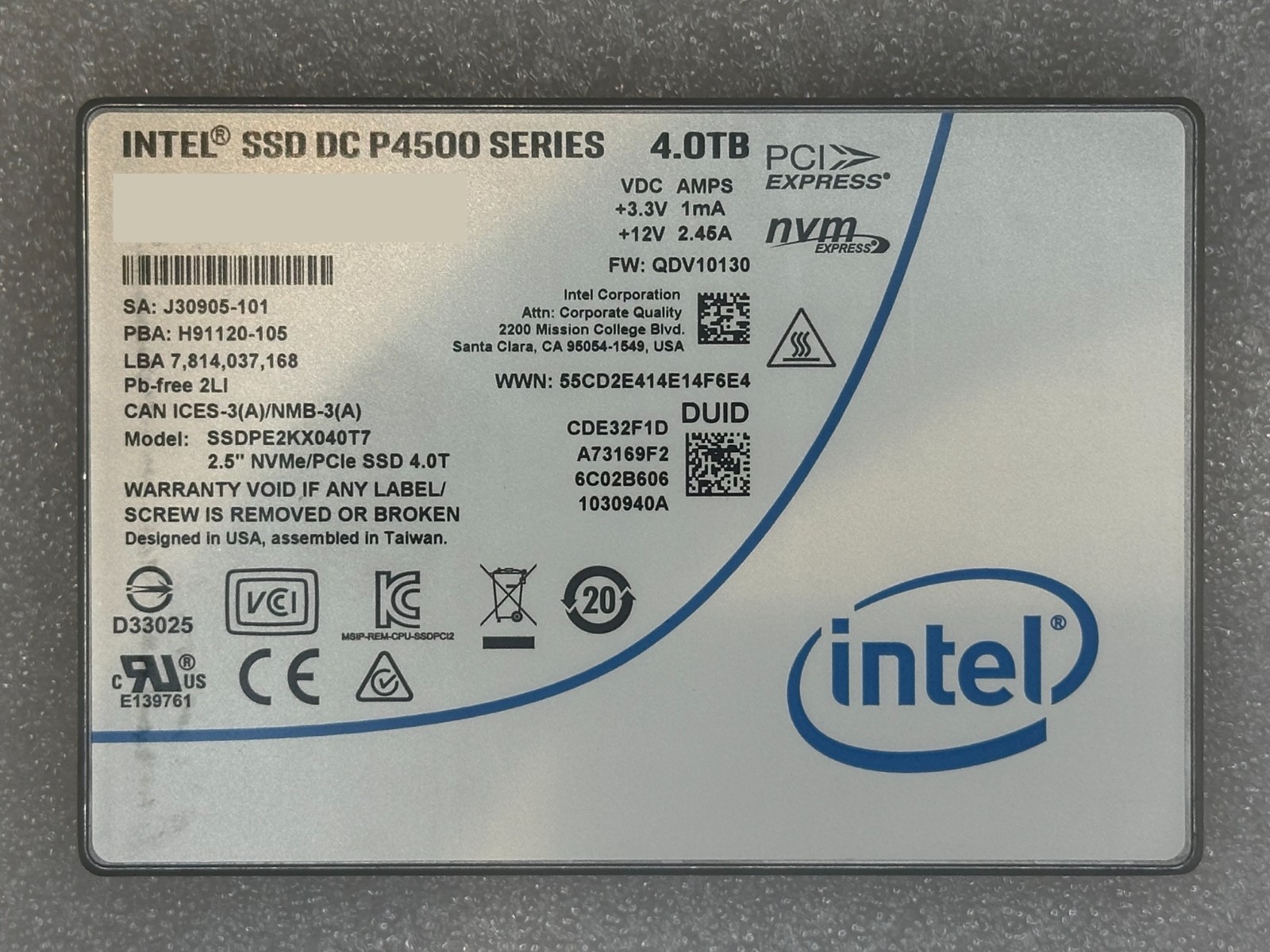 Open Box Intel DC P4500 Series 4TB NVME PCIE 2.5" Internal SSDPE2KX040T7
