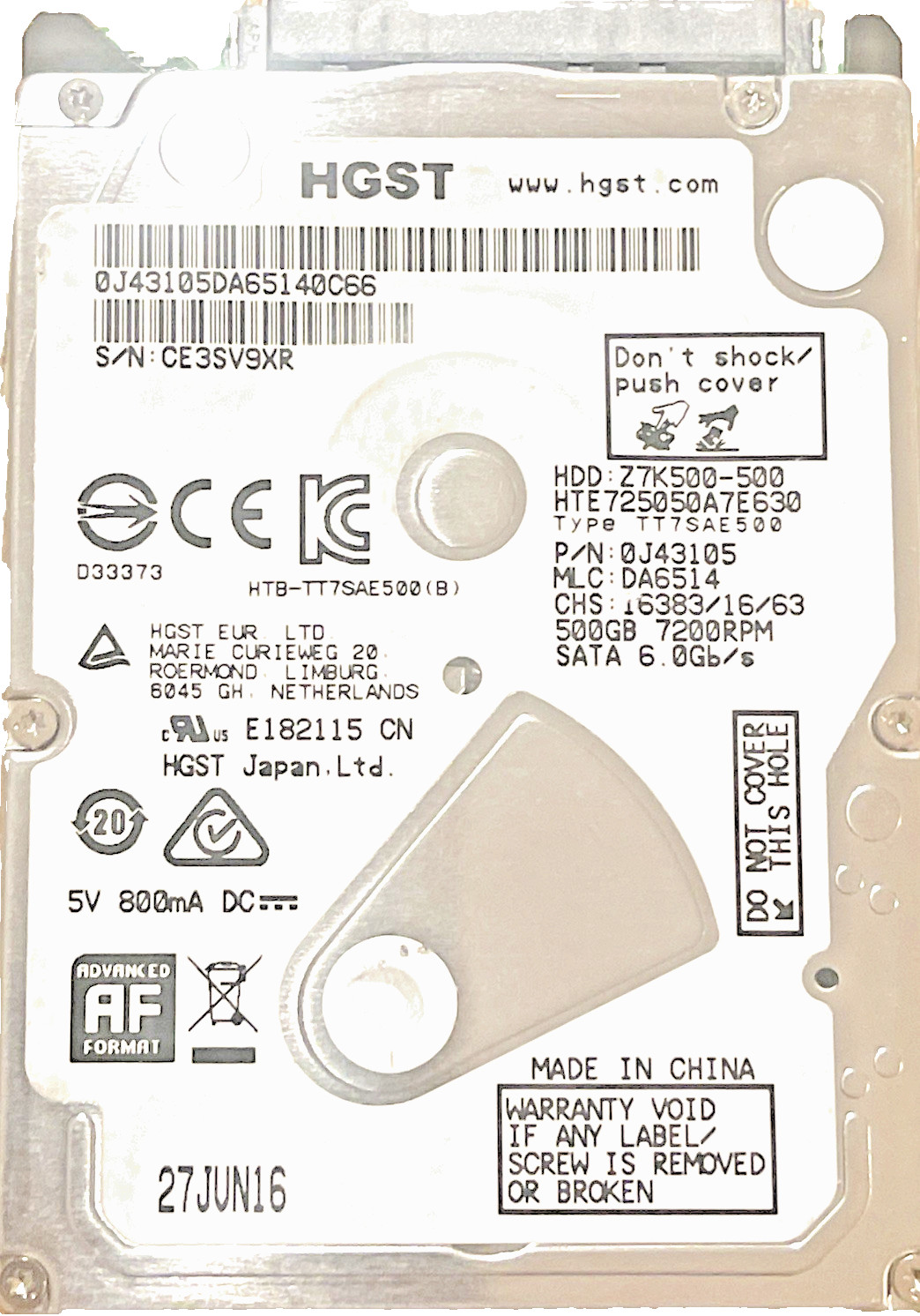 HGST 500GB 7200RPM 6GB/S 2,5" SATA HTS725050A7E630