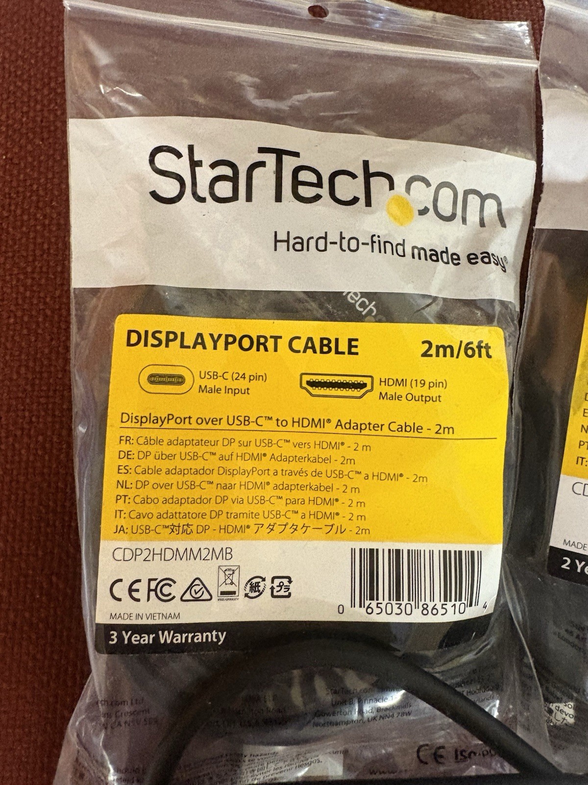 StarTech USB-C (Male) to HDMI (Male) DisplayPort Cable 2m/6ft lot of 4